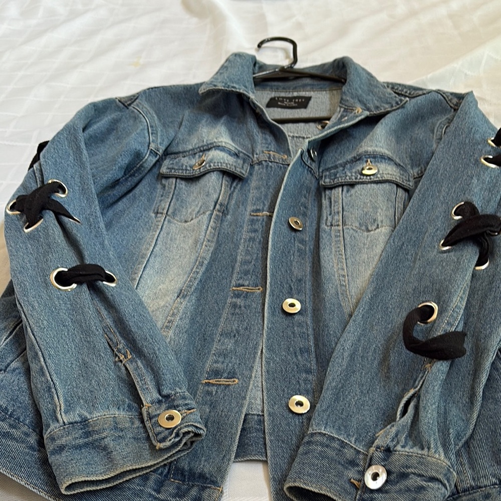 Kendall & Kylie Blue and Black Jean Jacket with Cat Appliques